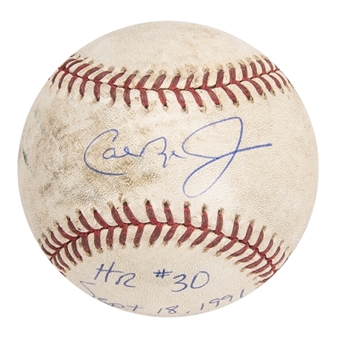 1991 Cal Ripken Jr. Game Used and Signed OAL Brown Baseball Used on 9/18/91 for Home Run #30 of the Season - First and Only 30 Home Run Season in Career - MVP Season (Ripken LOA)